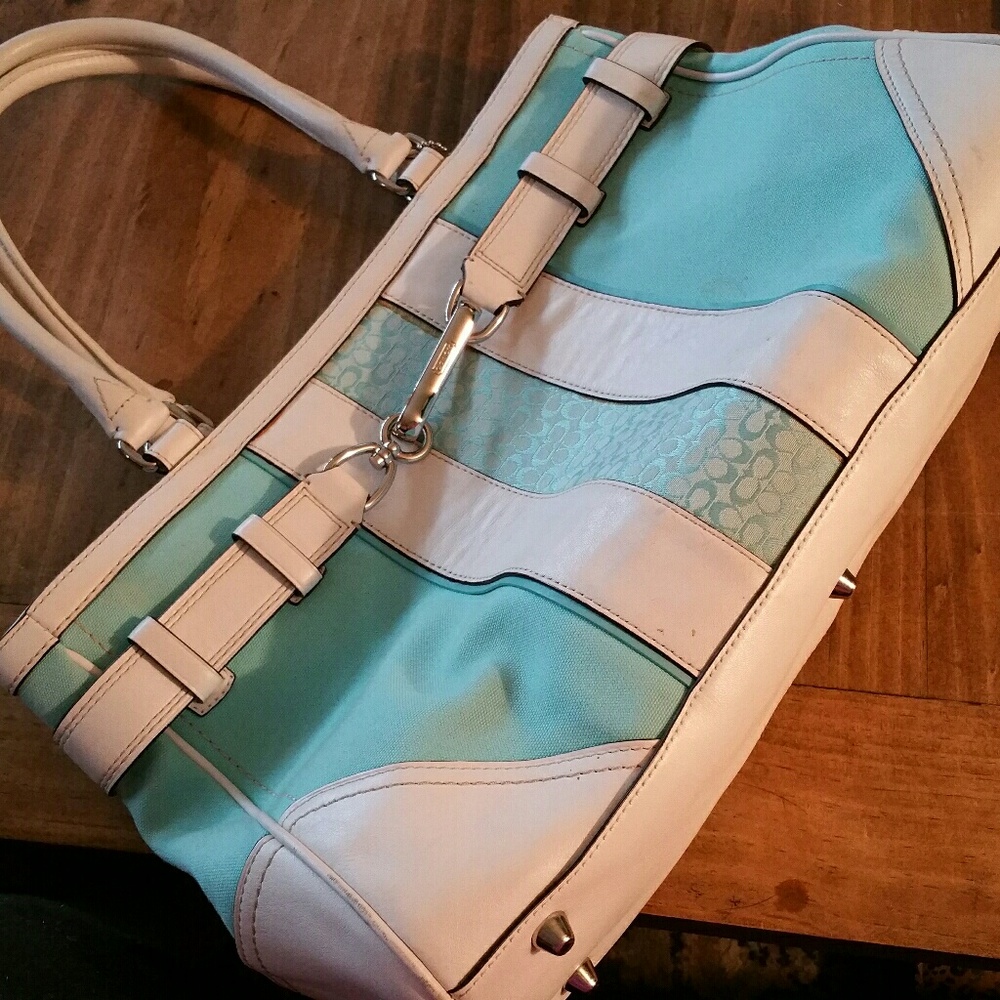 Authentic Coach Turquoise and White Satchel Tote h
